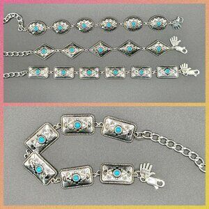 Faux Turquoise and Silver Tone Concho Chain Bracelet #1443